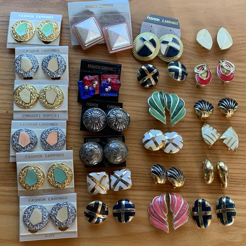 Assorted Vintage 90’s Clip-On Earrings Lot – Gold tone, Enamel 24 Pair